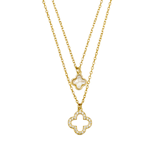 Gold double layer necklace with flower pendants