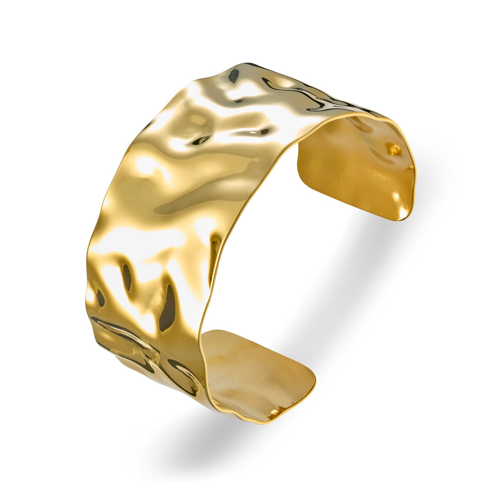 Seren stainless steel gold plated crinkle edge cuff bangle