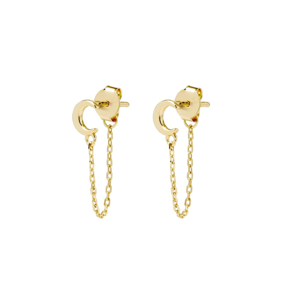 Sterling silver moon stud earrings with chain attachment- Gold