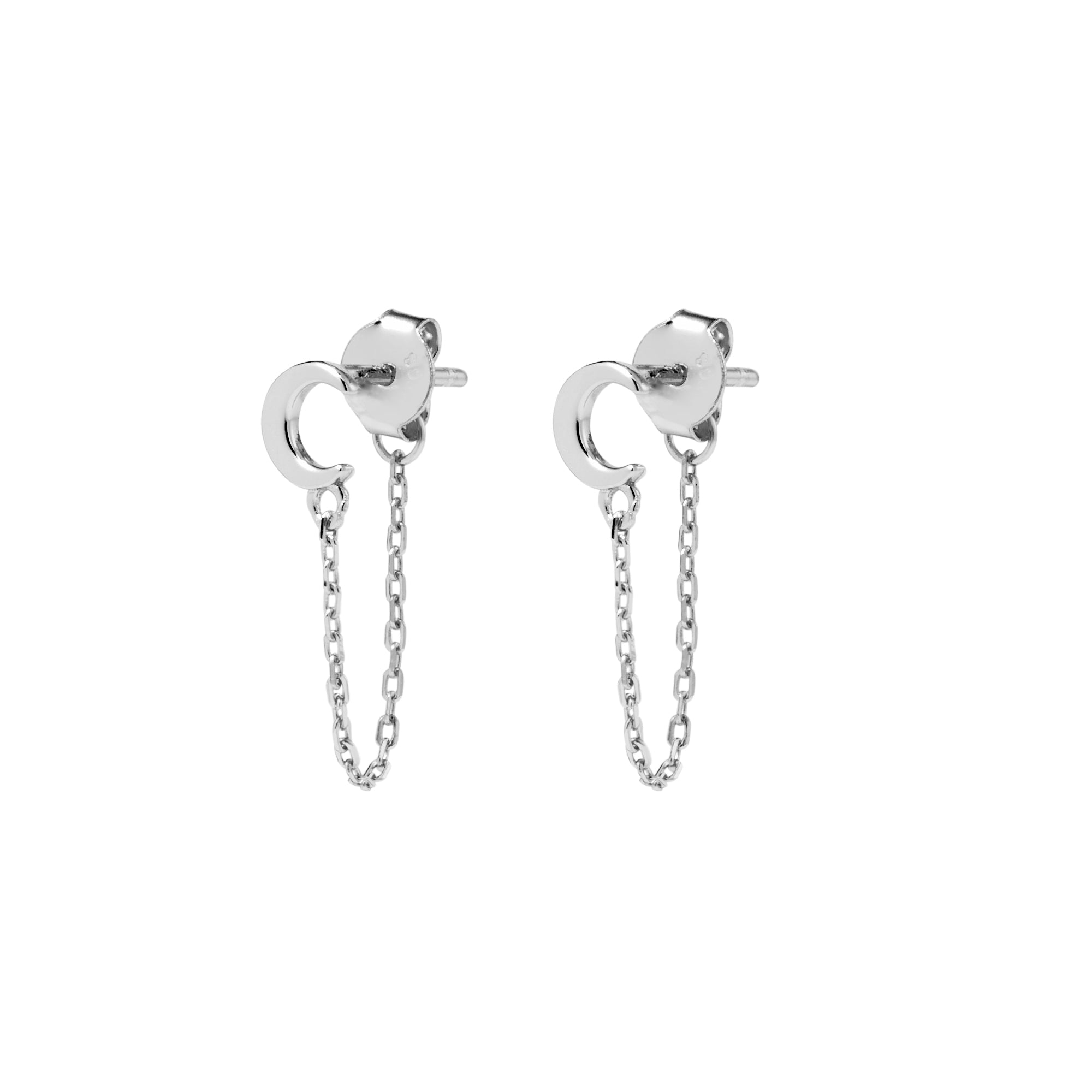 Sterling silver moon stud earrings with chain attachment