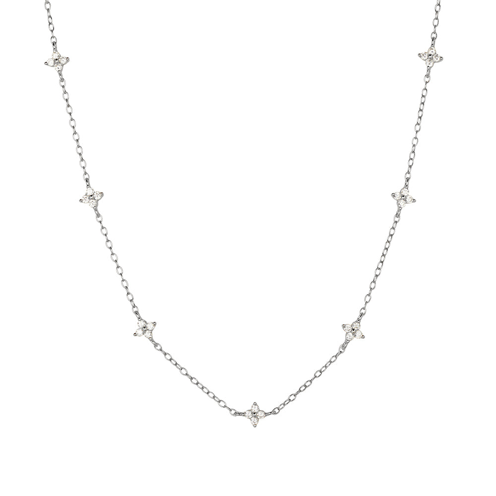 Sterling silver fine link CZ flower necklace